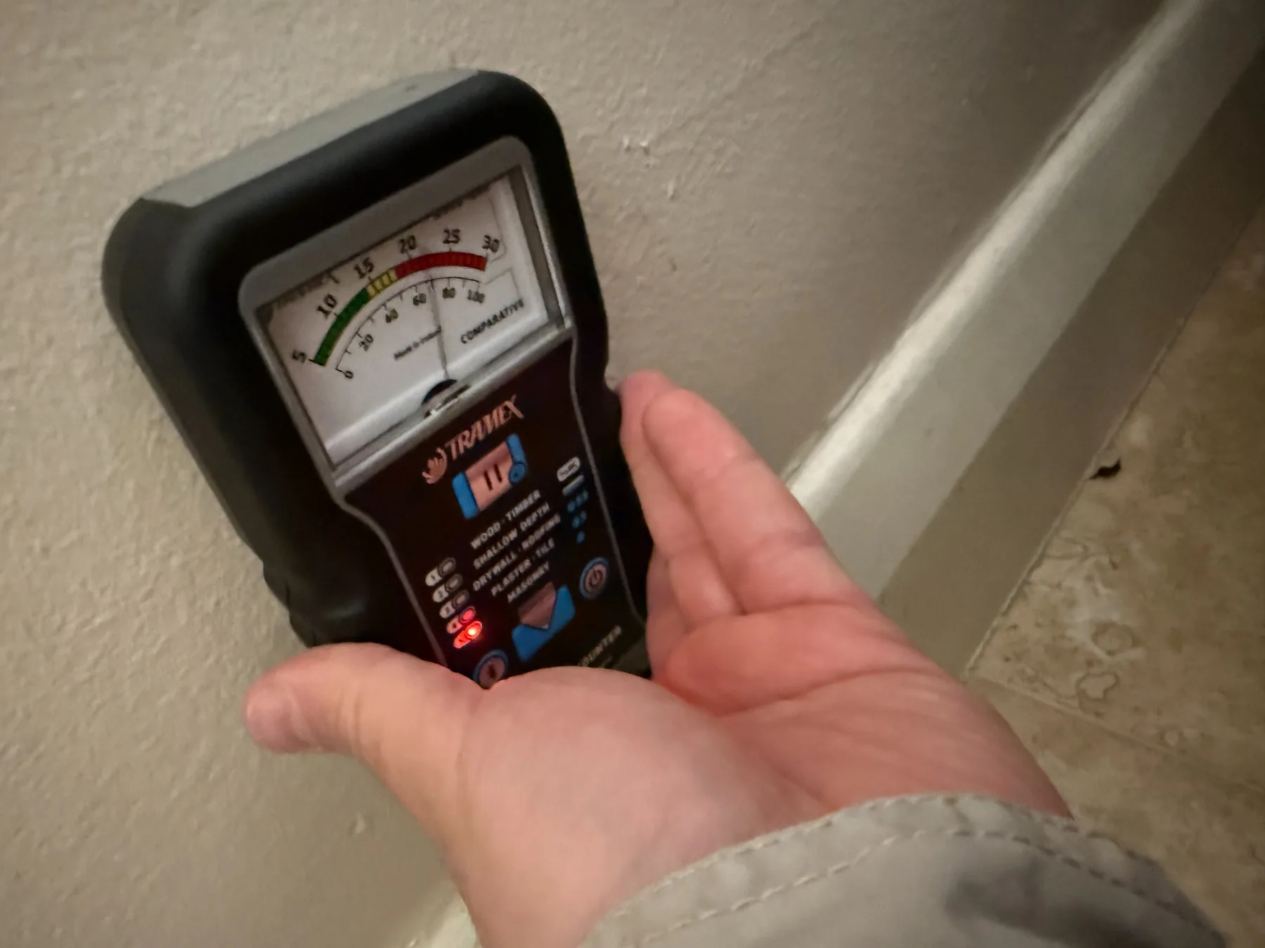 Moisture reading taken during a professional termite inspection